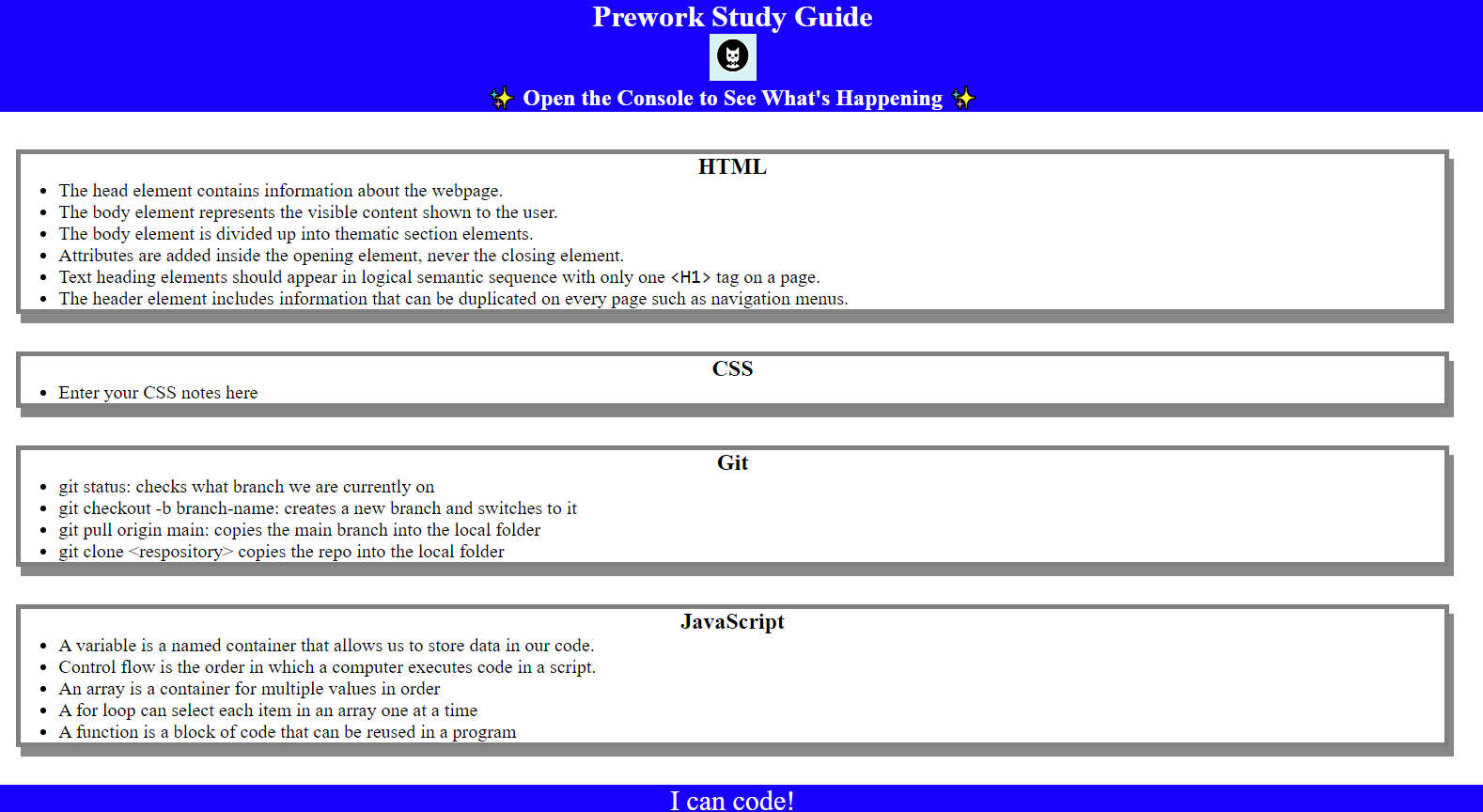 Study Guide project website screenshot